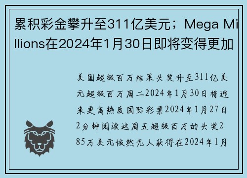 累积彩金攀升至311亿美元；Mega Millions在2024年1月30日即将变得更加火热 o